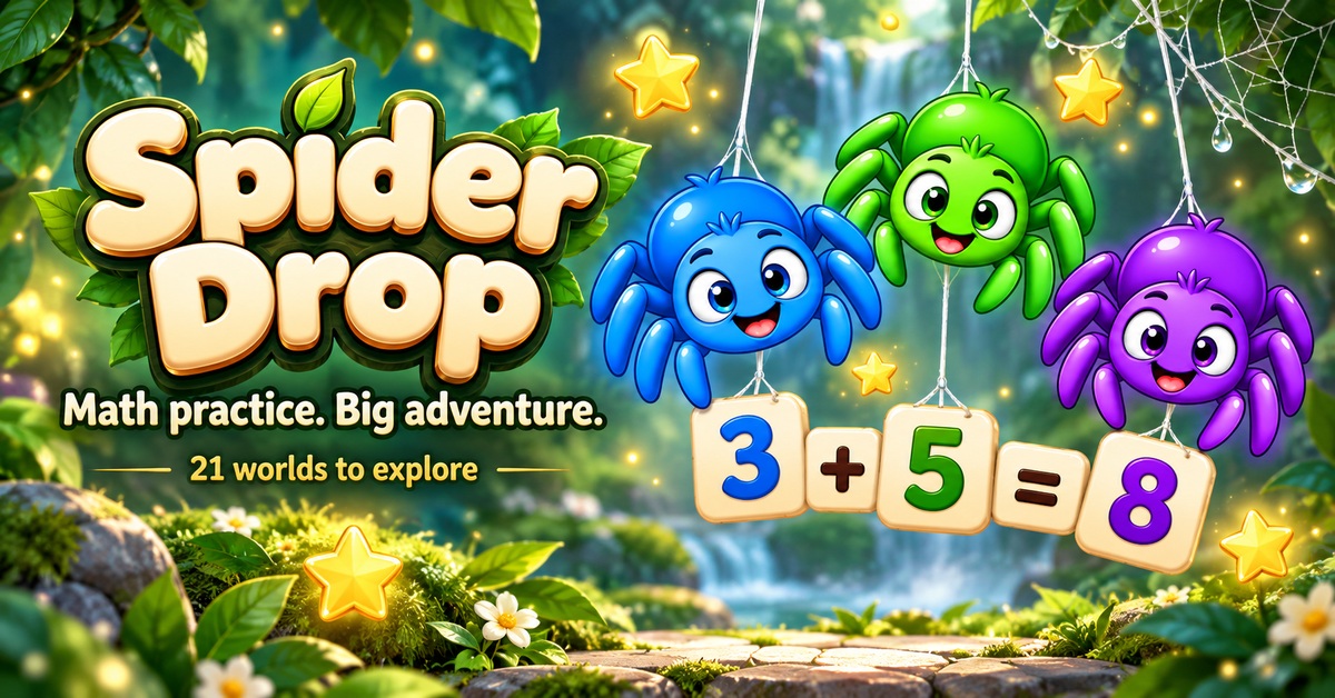 Three cheerful spiders in an enchanted garden with the equation 3 + 5 = 8